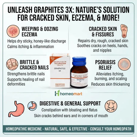 Graphites for dry rough skin, homeopathic medicine for constipation with bloating, Graphites for skin cracks around nails, best homeopathic remedy for oozing eczema, Graphites for flatulence and sluggish digestion, homeopathic remedy for chronic skin problems