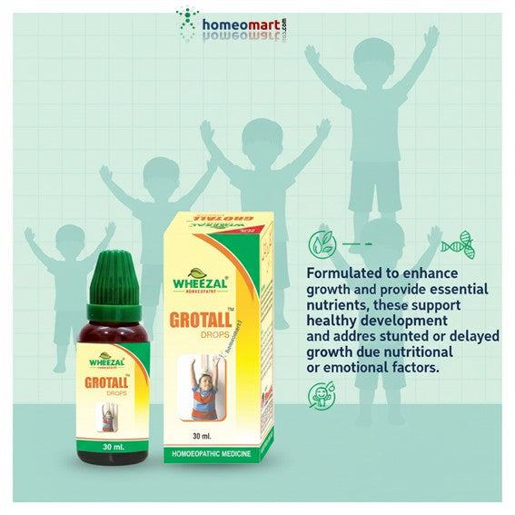Wheezel Grotall Drops bottle and box with children silhouettes on a light green background