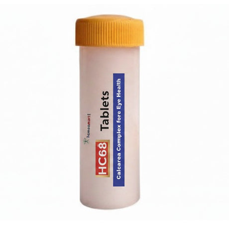 Bottle of HC68 Tablets for Calcareous Complex Eye Health on a white background