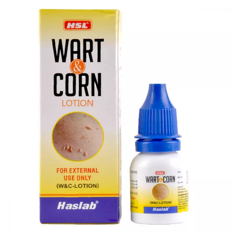 Wart and corn lotion packaging with bottle on a white background