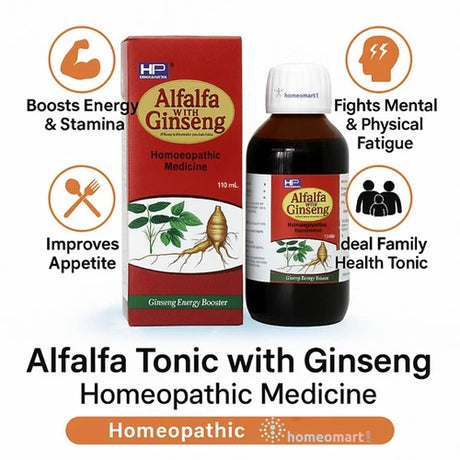Alfalfa Tonic with Ginseng homeopathic medicine packaging and bottle with benefits infographic on a white background