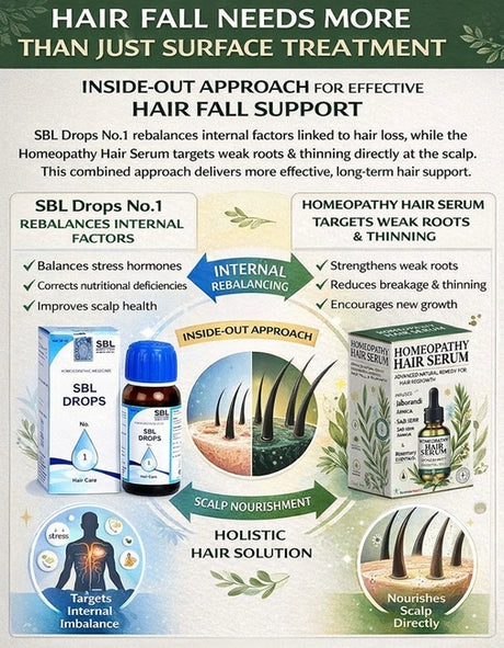 Hair loss treatment combo internal + external with text on a green background