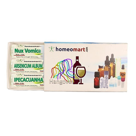 effective hangover relief medicine in natural homeopathy kit with Nux Vomica, Arsenicum Album & Ipecacuanha