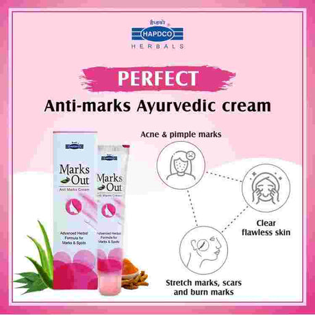 Get spotless, smooth skin with Hapdco Marks Out Cream. Reduces pimple marks, scars, blemishes, and stretch marks with powerful Ayurvedic herbs.