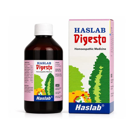 Haslab Digesto Syrup is a Homoeopathic Antacid and Digestive Tonic indicated in cases of indigestion, stomach disorders, sour eructations, flatulence, acidity, constipation, burning in chest and stomach, chronic tendency of irregular bowel movements, distension of abdomen even after eating a little food, loss of appetite with apathy to food, loud-rumbling belching with acidic water in mouth (water brash).