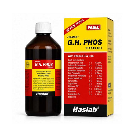 Haslab G.H. Phos Tonic is a palatable, multi-action homeopathic formulation designed to restore mental clarity, nerve strength, and metabolic balance.