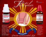 Homeopathic medicine bottles with a medical illustration of fistula on a red background, featuring  benefits