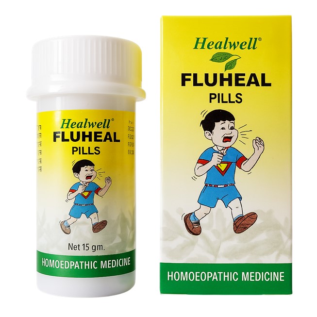 Healwell Fluheal Pills bottle and packaging on a white background