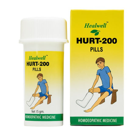 Healwell HURT-200 Pills packaging with illustration of a person holding their injured leg.