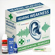 Homeopathic remedies for hearing weakness with packaging and bottles on a white background
