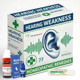 Homeopathic remedies for hearing weakness with packaging and bottles on a white background