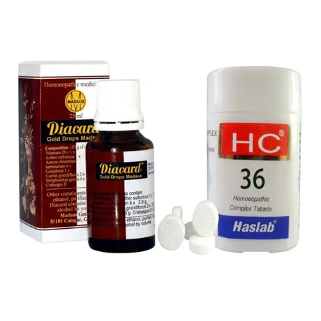heart health combo homeopathy, palpitations treatment homeopathy, angina relief homeopathy, irregular heartbeat remedy, bp balance homeopathy, cardiovascular support homeopathy, diacard gold drops, haslab hc36 tablets