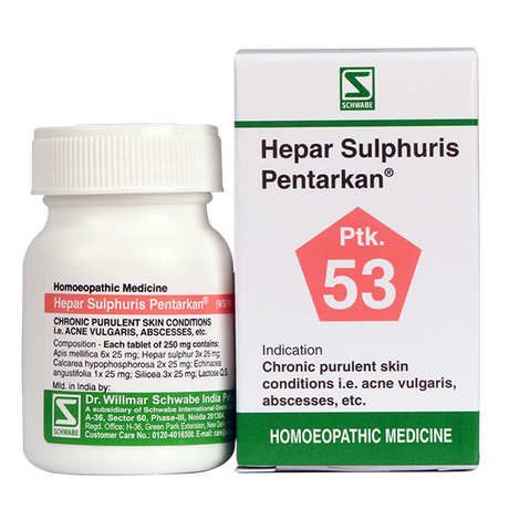 Schwabe Hepar Sulphuris Pentarkan homeopathy tablets for Acne Vulgaris, purulent Skin