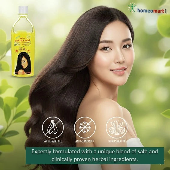 Woman with long hair next to a bottle of hair oil with green leaves in the background