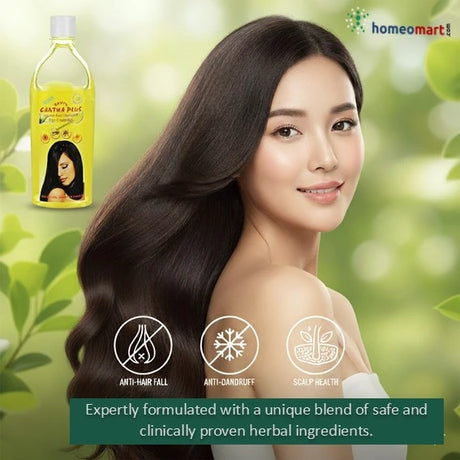 Woman with long hair next to a bottle of hair oil with green leaves in the background