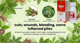 Advertisement for Agom Ayurvedic products with herbal elements on a green background