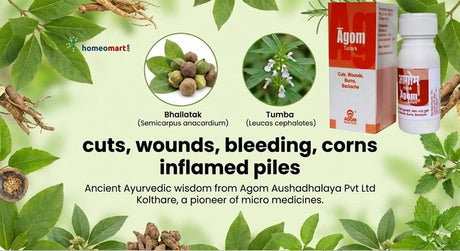 Advertisement for Agom Ayurvedic products with herbal elements on a green background