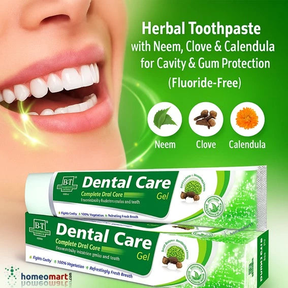 B&T Dental Care Gel blends the time-tested power of Neem, Clove, Calendula, and Chamomile to deliver total oral care—free from fluoride and harsh chemicals. It helps prevent cavities, soothes gum irritation, combats bad breath, and promotes lasting freshness.