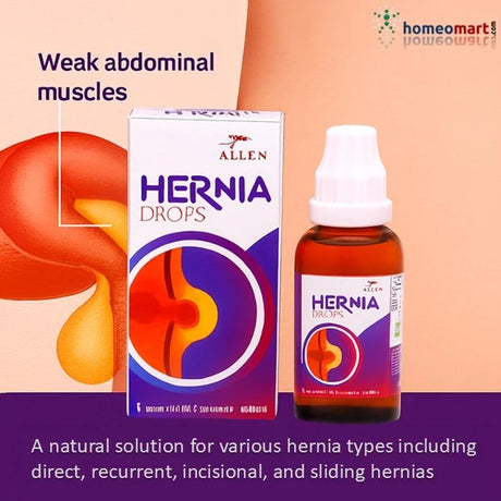 Hernia Drops packaging and bottle with Allen branding on a peach background showing weak abdominal muscle and hernia development