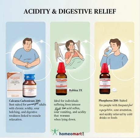 Homeopathy remedies for acidity and digestive relief with product images and descriptions.