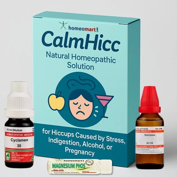 Doctor-recommended homeopathy kit for hiccups caused by stress, gas, pregnancy, alcohol, or chronic spasms. Drops and pills included. Natural and safe.
