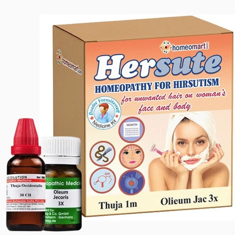 Hersute homeopathy kit for hirsutism with packaging and two bottles on a white background