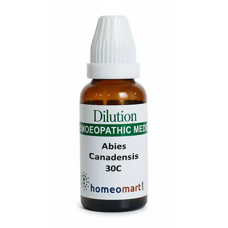 Bottle of Abies Canadensis 30C homeopathic medicine with a white background