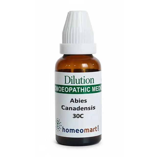 Bottle of Abies Canadensis 30C homeopathic medicine with a white background