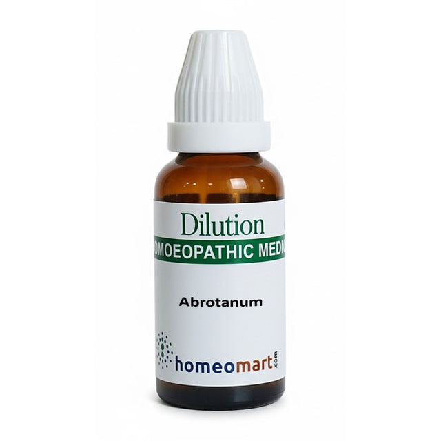Bottle of homeopathic medicine labeled 'Abrotanum Dilution' with 'homeomart' branding on a white background.