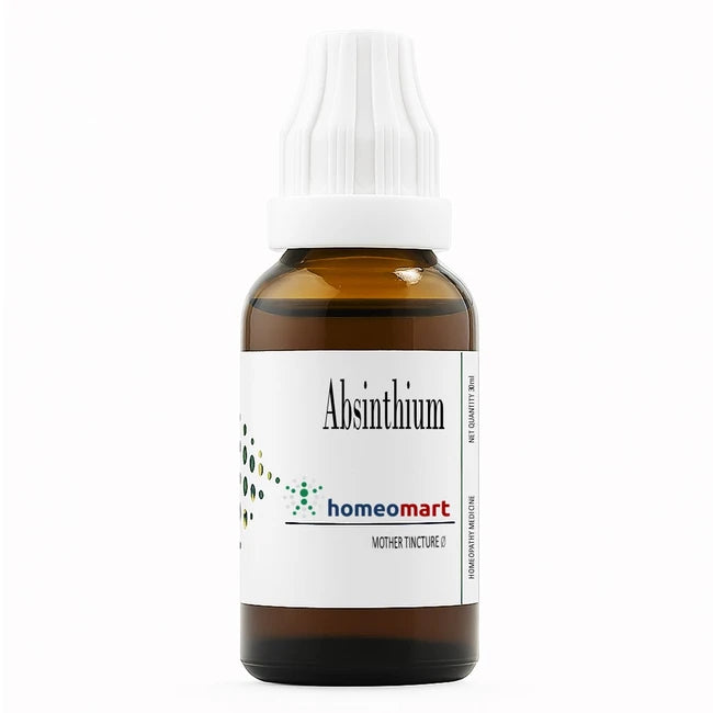 Bottle of Absinthium with Homeomart label on a white background