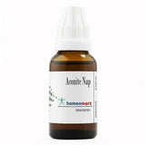 Amber glass bottle with white cap labeled 'Aconite Nap' from homeomart on a white background