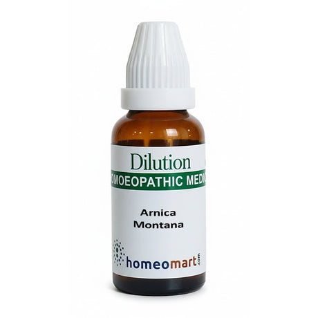 Homeomart Bottle of Arnica Montana dilution with a white cap on a white background