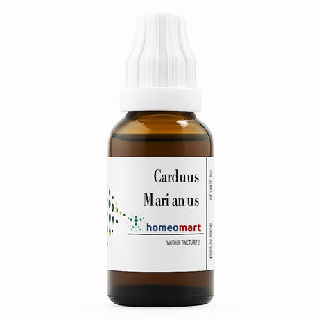 Bottle of Carduus Marianus homeopathic medicine with a white label on a white background
