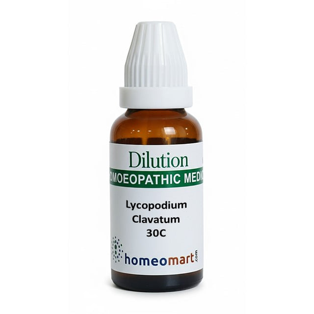 Bottle of Lycopodium Clavatum 30C homeopathic medicine on a white background
