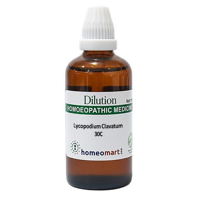 Bottle of homeopathic medicine labeled 'Lycopodium Clavatum 30C' with a white cap on a white background.