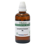 Bottle of homeopathic medicine labeled 'Lycopodium Clavatum 30C' with a white cap on a white background.
