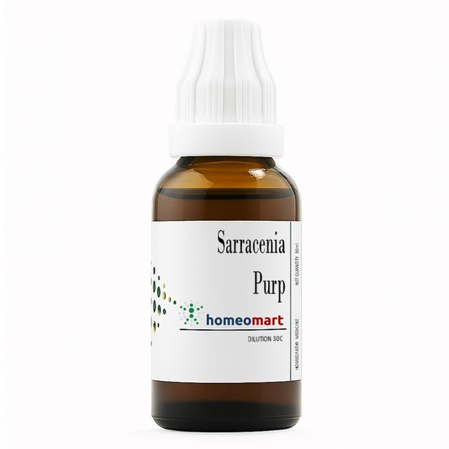 Bottle of Sarracenia Purp with a white label on a white background