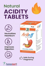 Box of Acidoff tablets with branding and benefits infographic on a purple background