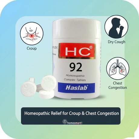Haslab HC 92 homeopathic tablets with illustrations of symptoms on a gradient background indicating croup, dry cough