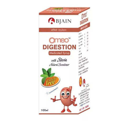 Box of Omeo Digestion Medicated Syrup by Bjain on a white background