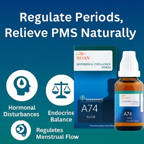 Allen A74 homeopathy product for regulating periods and relieving PMS with text on a blue background