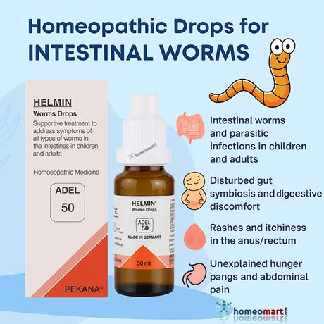 Helmin worms drops packaging with bottle and box and intestinal worms infographic on a blue background