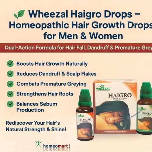 Infographic for Wheezal Haigro Drops homeopathic hair growth product with text and packaging on a beige background.
