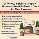Infographic for Wheezal Haigro Drops homeopathic hair growth product with text and packaging on a beige background.