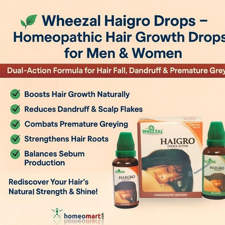 Infographic for Wheezal Haigro Drops homeopathic hair growth product with text and packaging on a beige background.