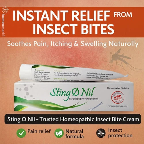 Sting O Nil insect bite cream packaging with infographic on an orange background