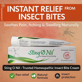 Sting O Nil insect bite cream packaging with infographic on an orange background