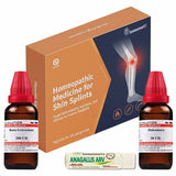 Homeopathic medicine for shin splints with packaging and bottles on a white background