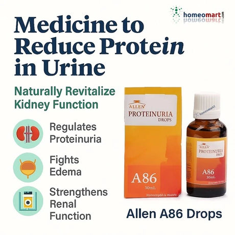 Allen A86 Drops packaging with infographic on Medicine to reduce protein in urine on a white background