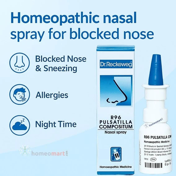 Dr. Reckeweg R96 Pulsatilla Compositum nasal spray for blocked nose, allergies, and night time symptoms on a blue background.